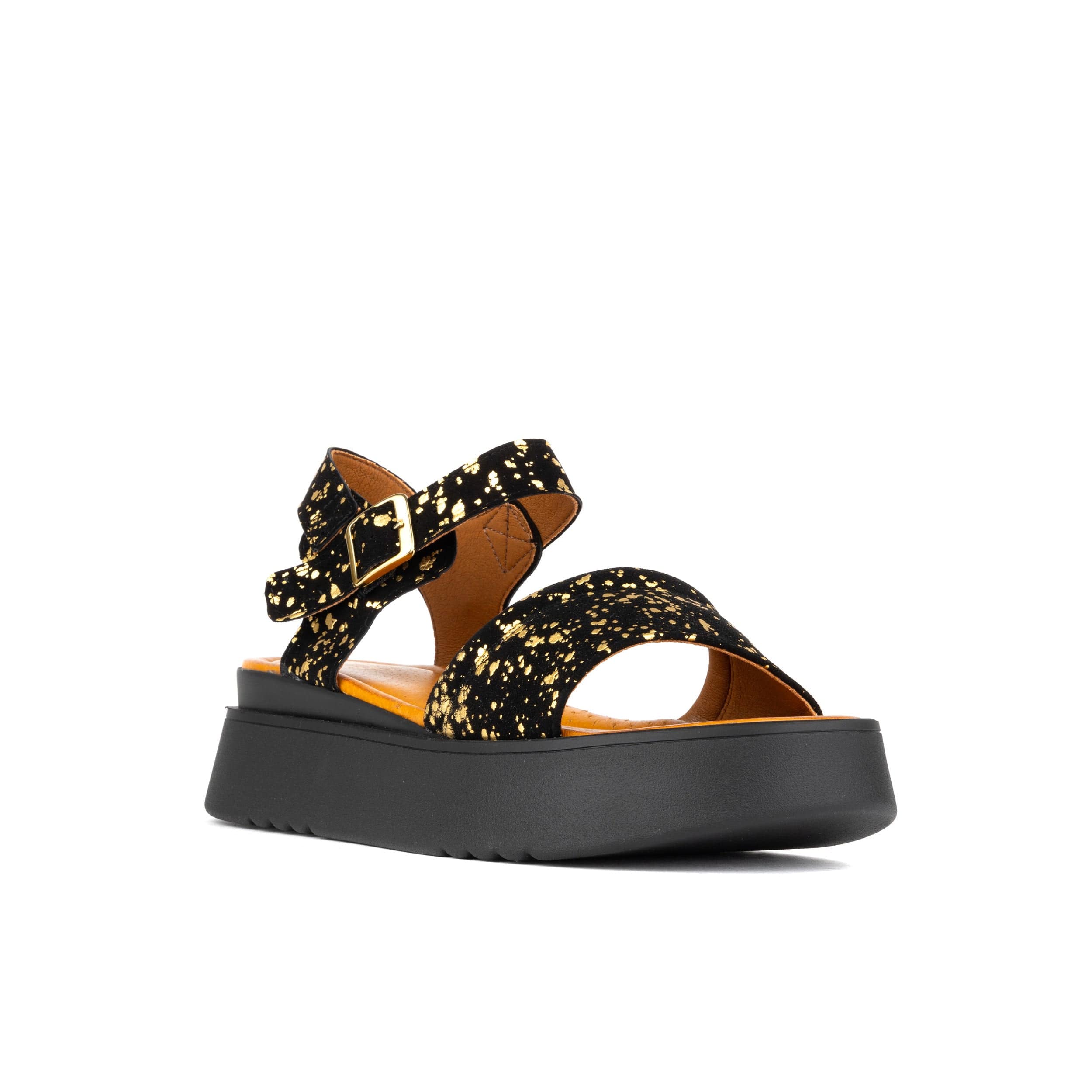 Amalfi - Black Gold Drops - Women's 1.3 inch flatform strappy leather chunky sandal - Image 3