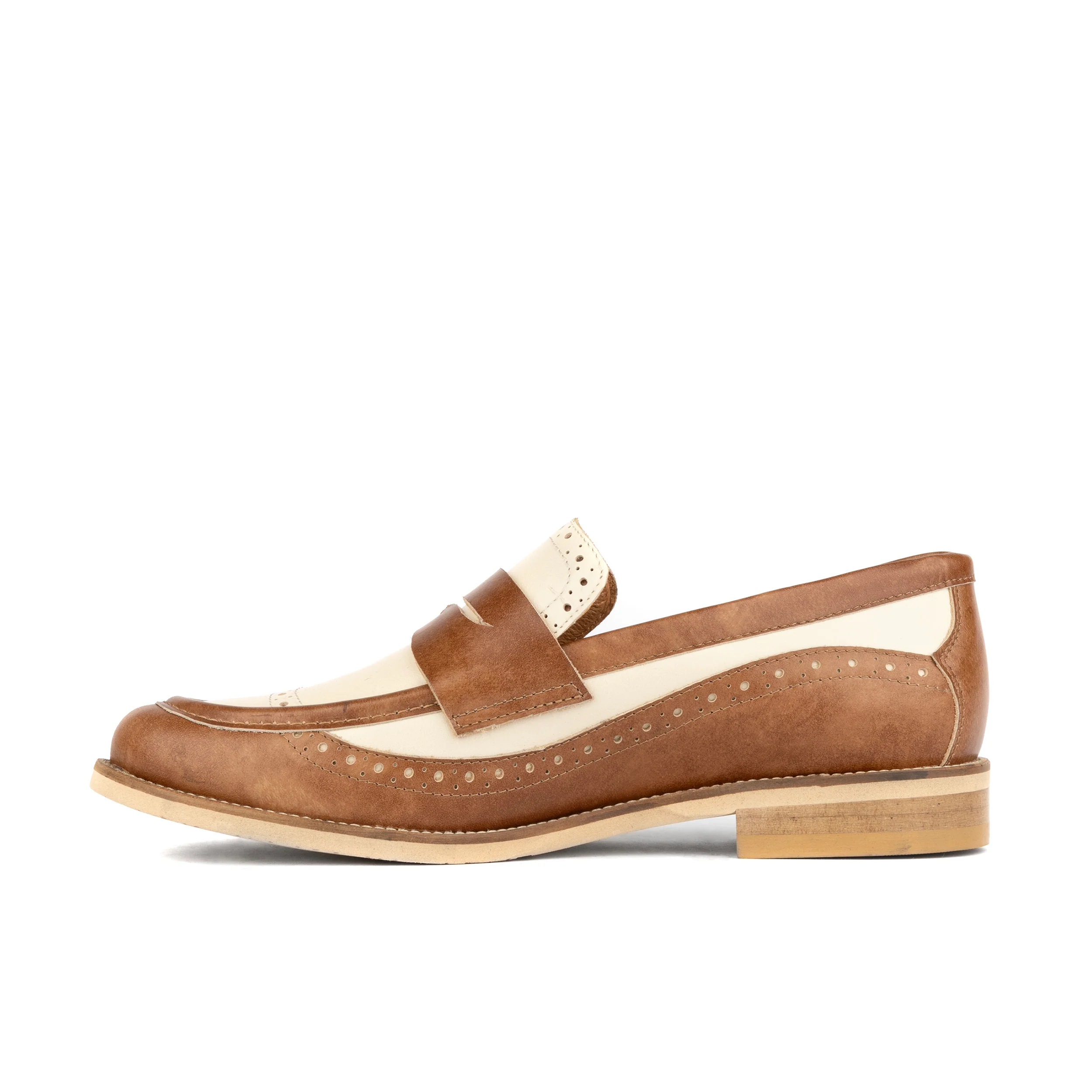 Angelina - Tan & Cream - Women's leather almond toe penny loafer with broguing - Image 3