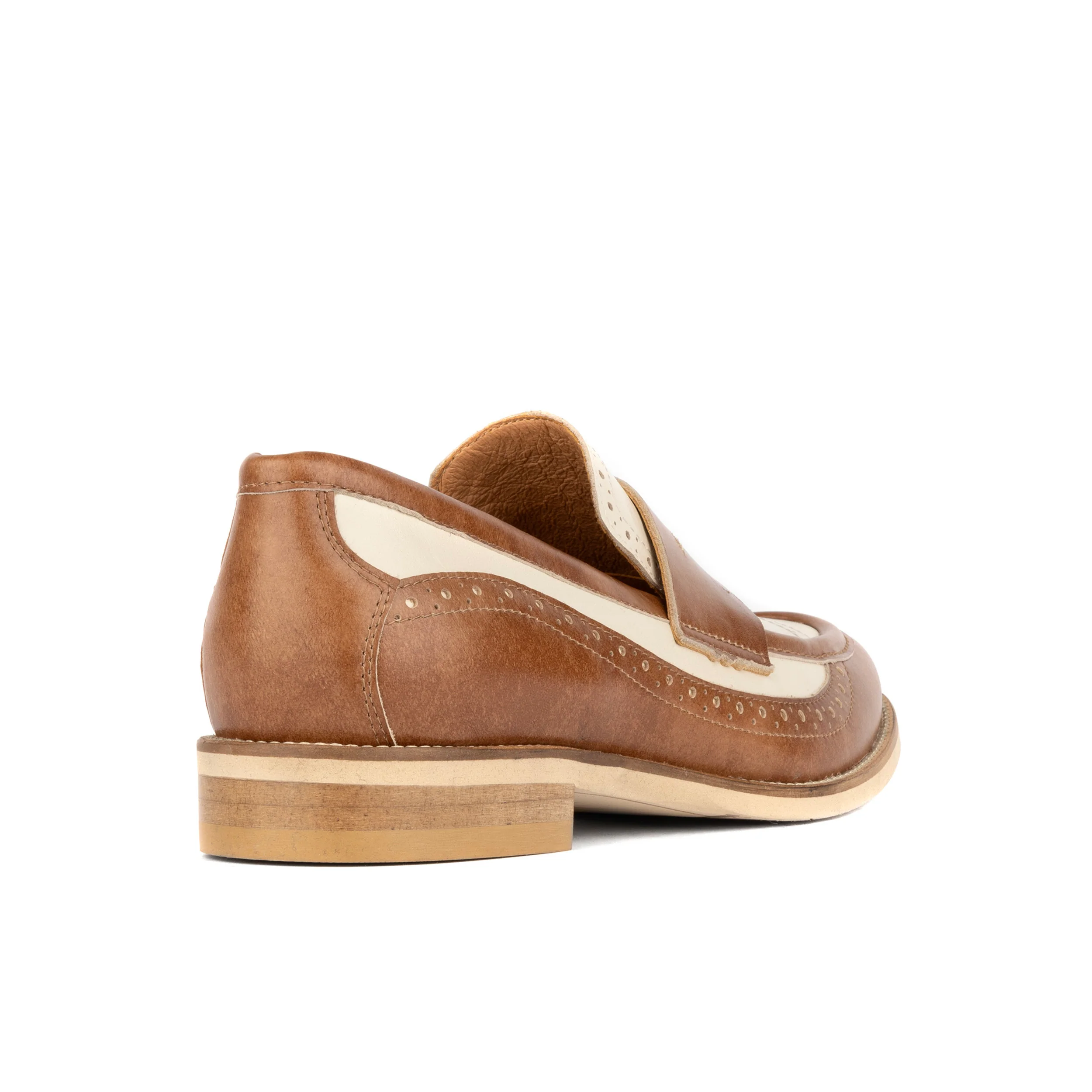 Angelina - Tan & Cream - Women's leather almond toe penny loafer with broguing - Image 4