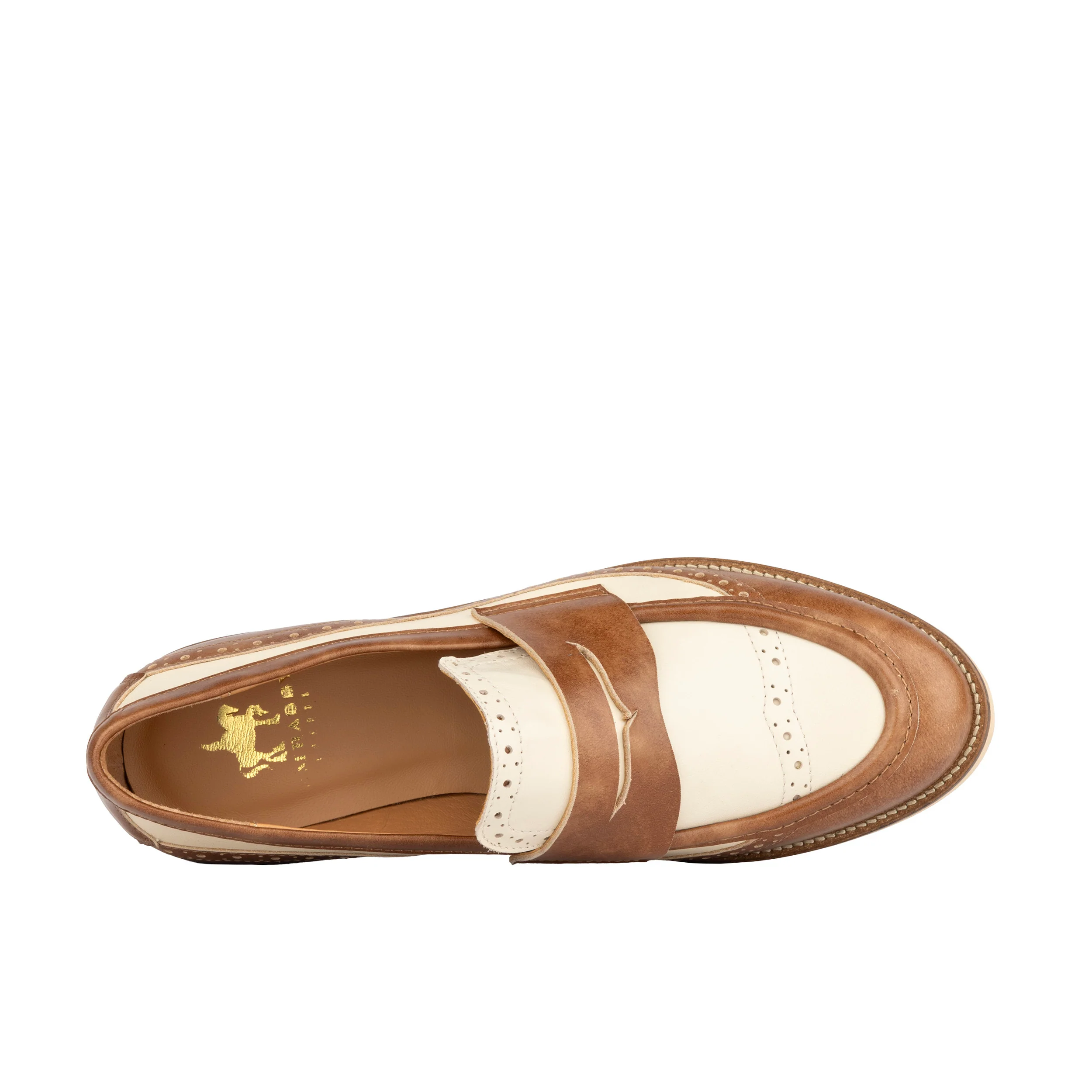 Angelina - Tan & Cream - Women's leather almond toe penny loafer with broguing - Image 6