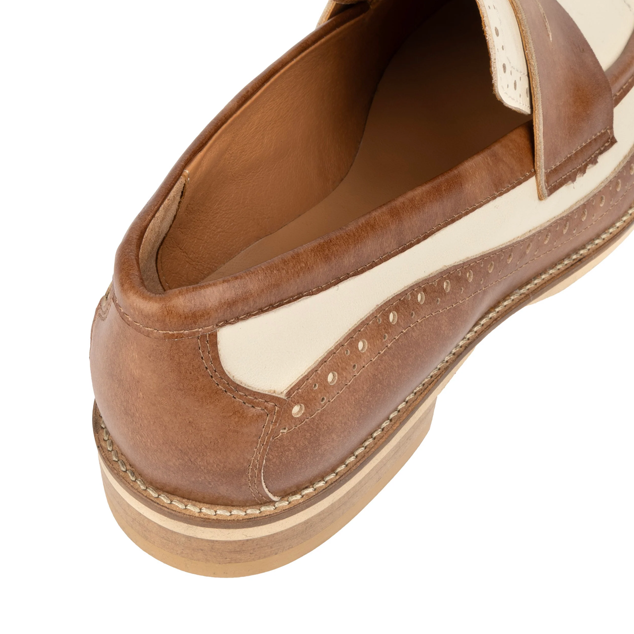 Angelina - Tan & Cream - Women's leather almond toe penny loafer with broguing - Image 8