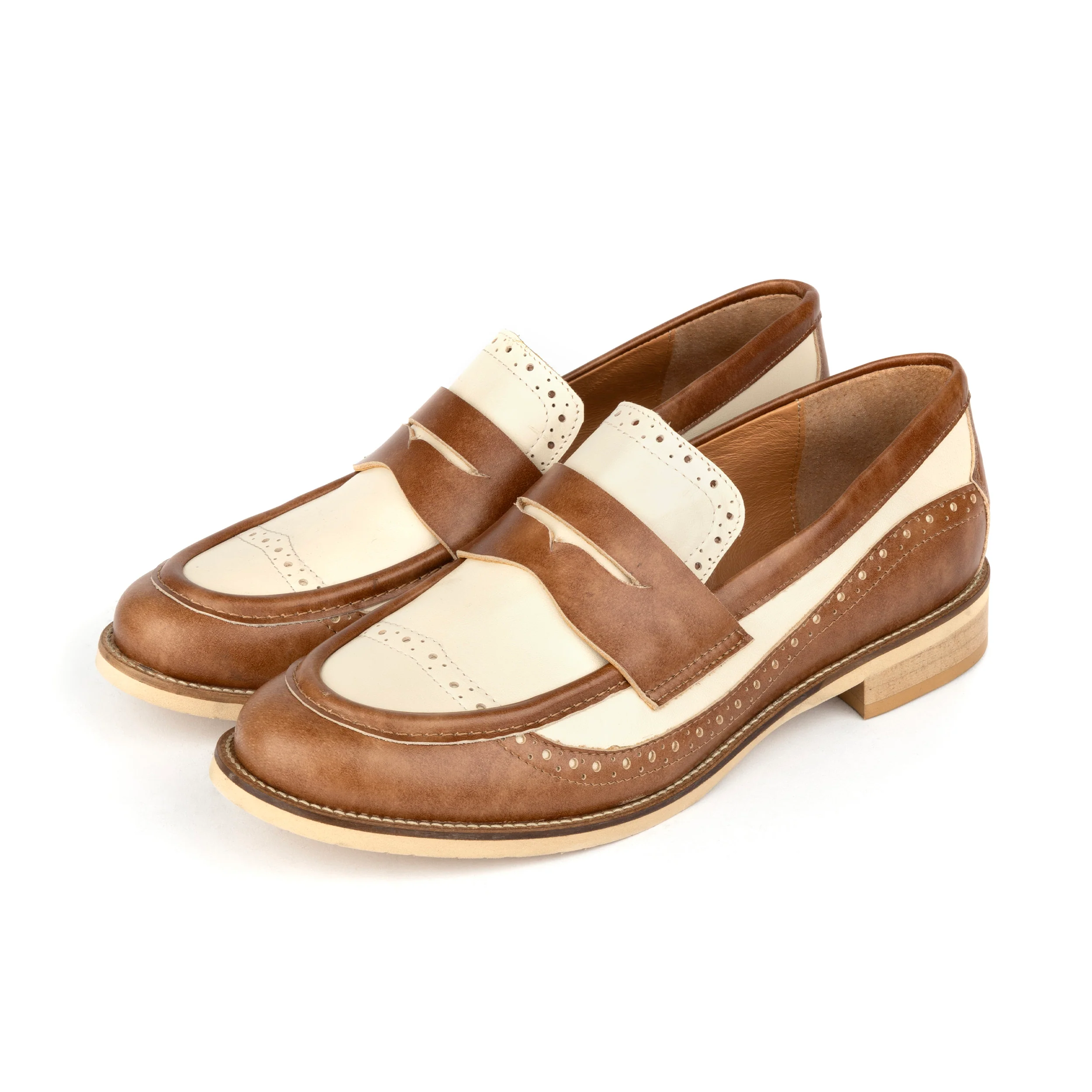 Angelina - Tan & Cream - Women's leather almond toe penny loafer with broguing - Image 9