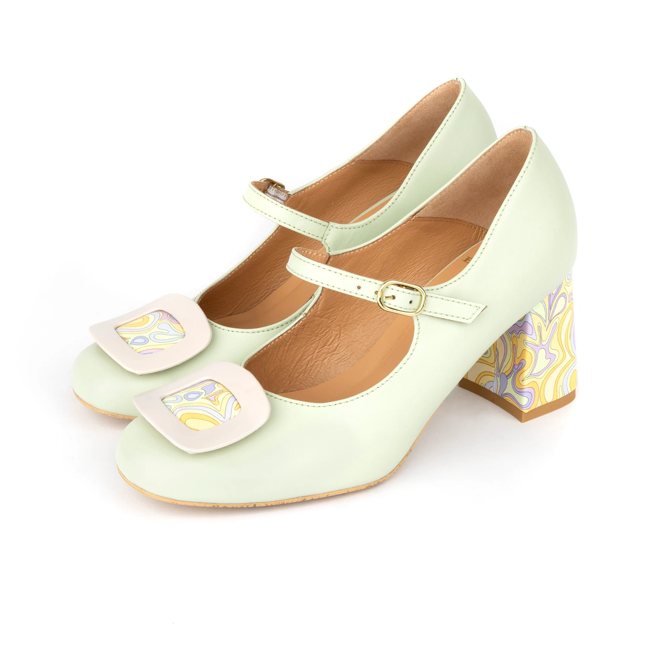 Button - Mint & Multi Pastel Print - Women's Leather Round-toe Mary Jane Pump with Block Heel - Image 10