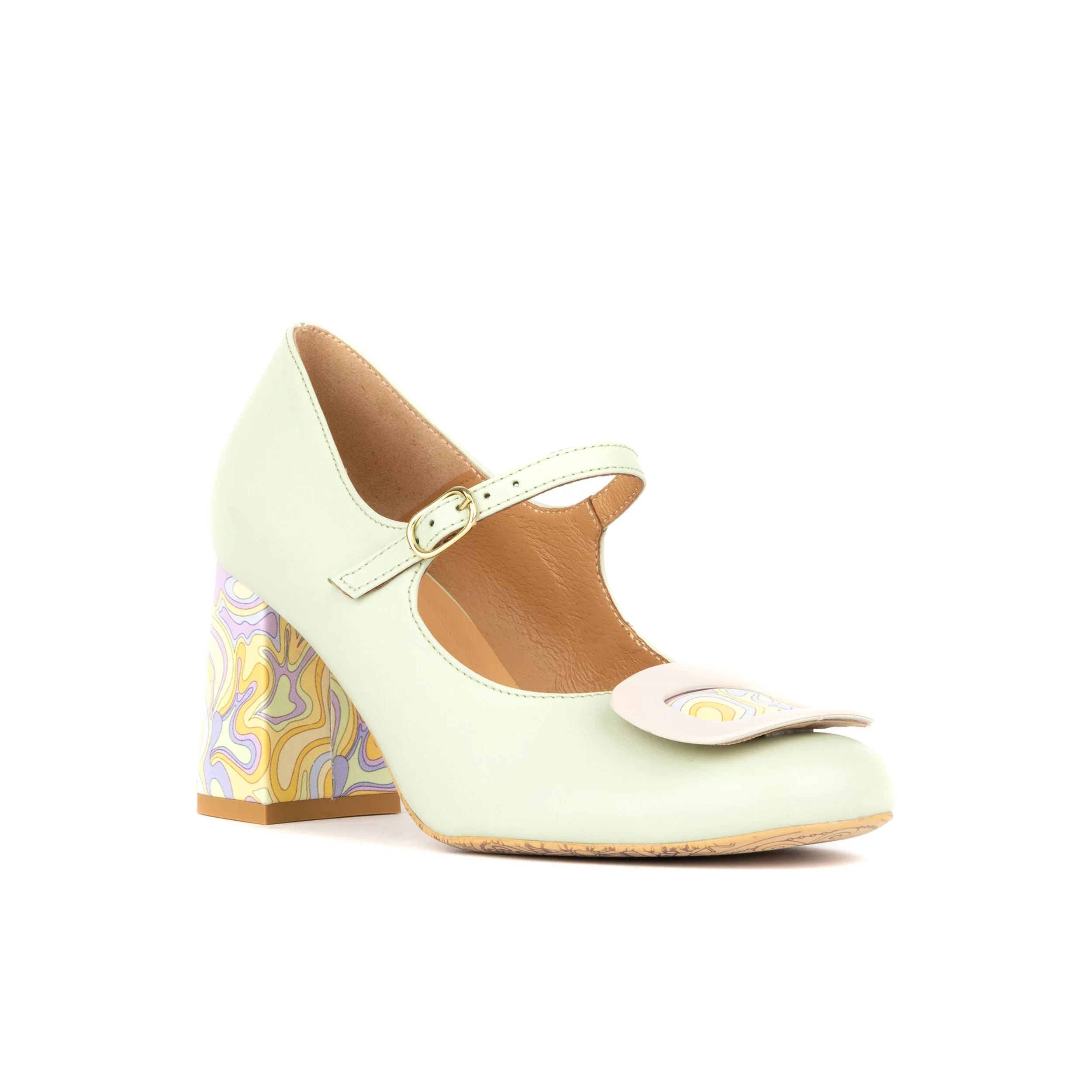 Button - Mint & Multi Pastel Print - Women's Leather Round-toe Mary Jane Pump with Block Heel - Image 3