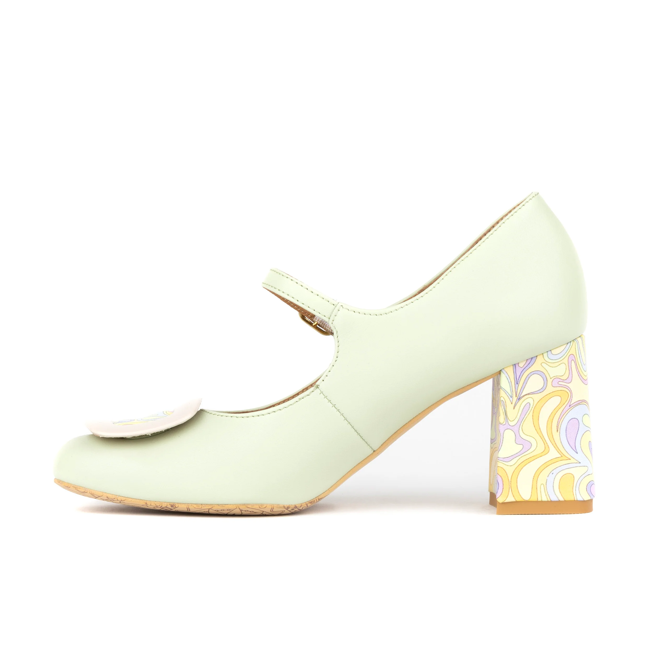 Button - Mint & Multi Pastel Print - Women's Leather Round-toe Mary Jane Pump with Block Heel - Image 4