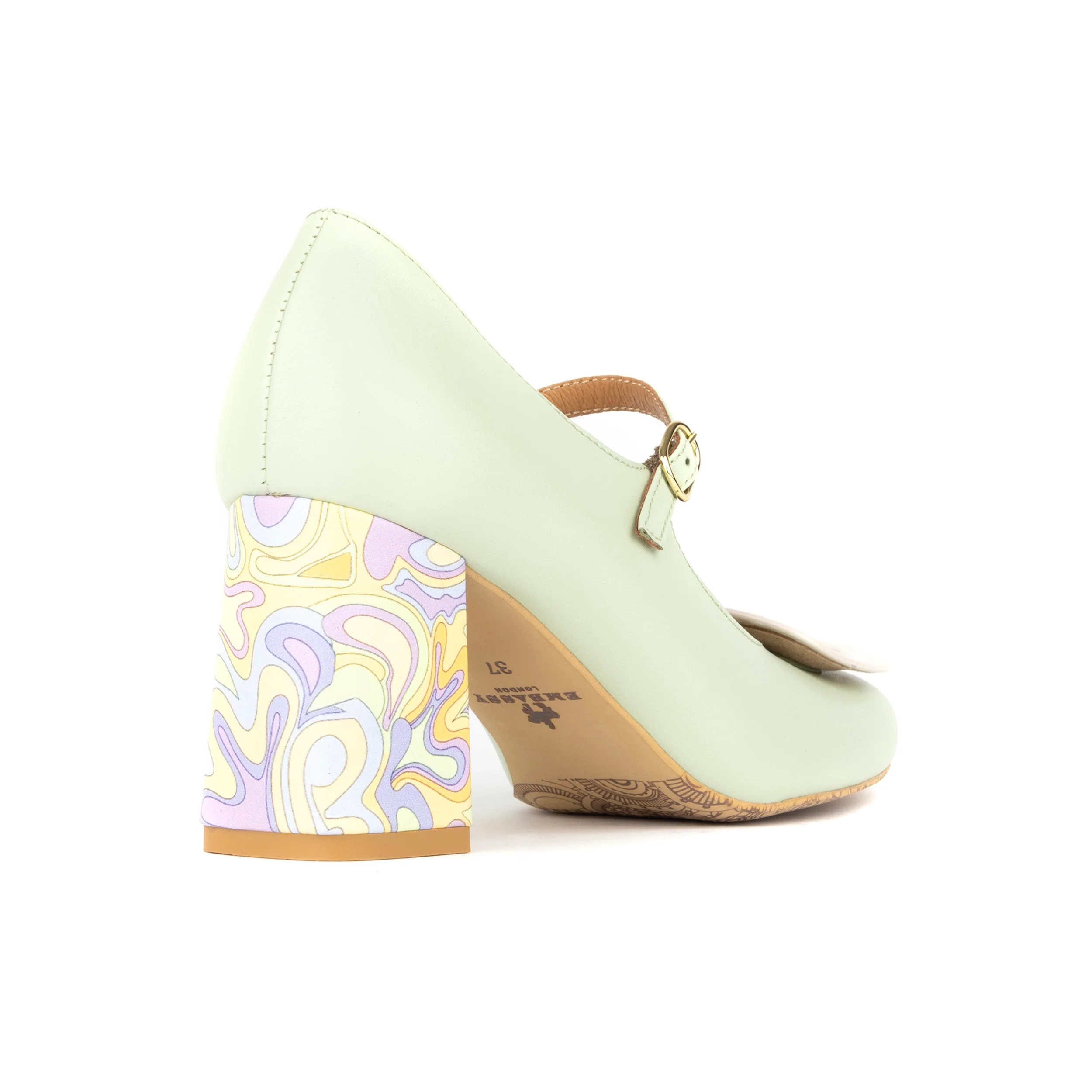 Button - Mint & Multi Pastel Print - Women's Leather Round-toe Mary Jane Pump with Block Heel - Image 5