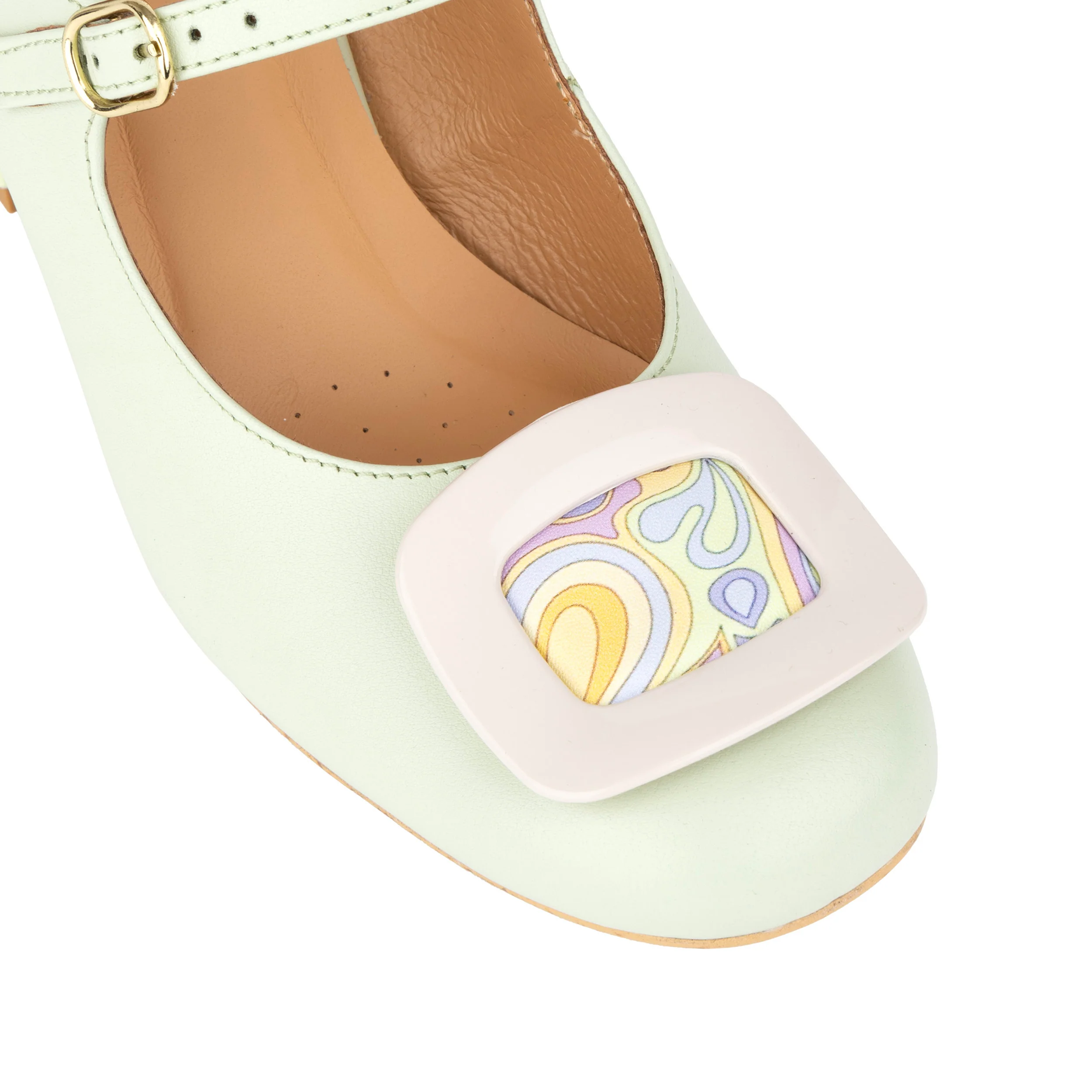 Button - Mint & Multi Pastel Print - Women's Leather Round-toe Mary Jane Pump with Block Heel - Image 8