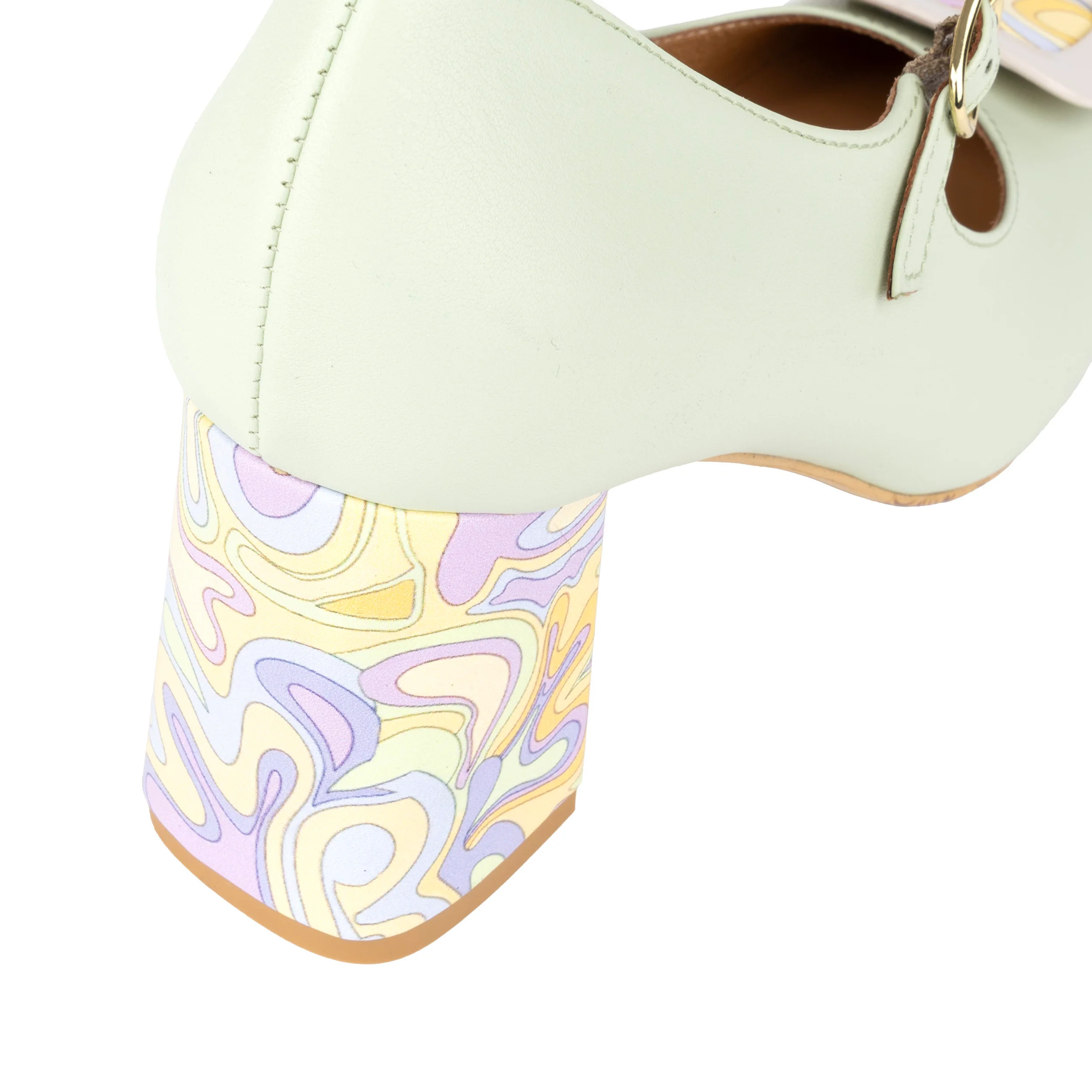 Button - Mint & Multi Pastel Print - Women's Leather Round-toe Mary Jane Pump with Block Heel - Image 9