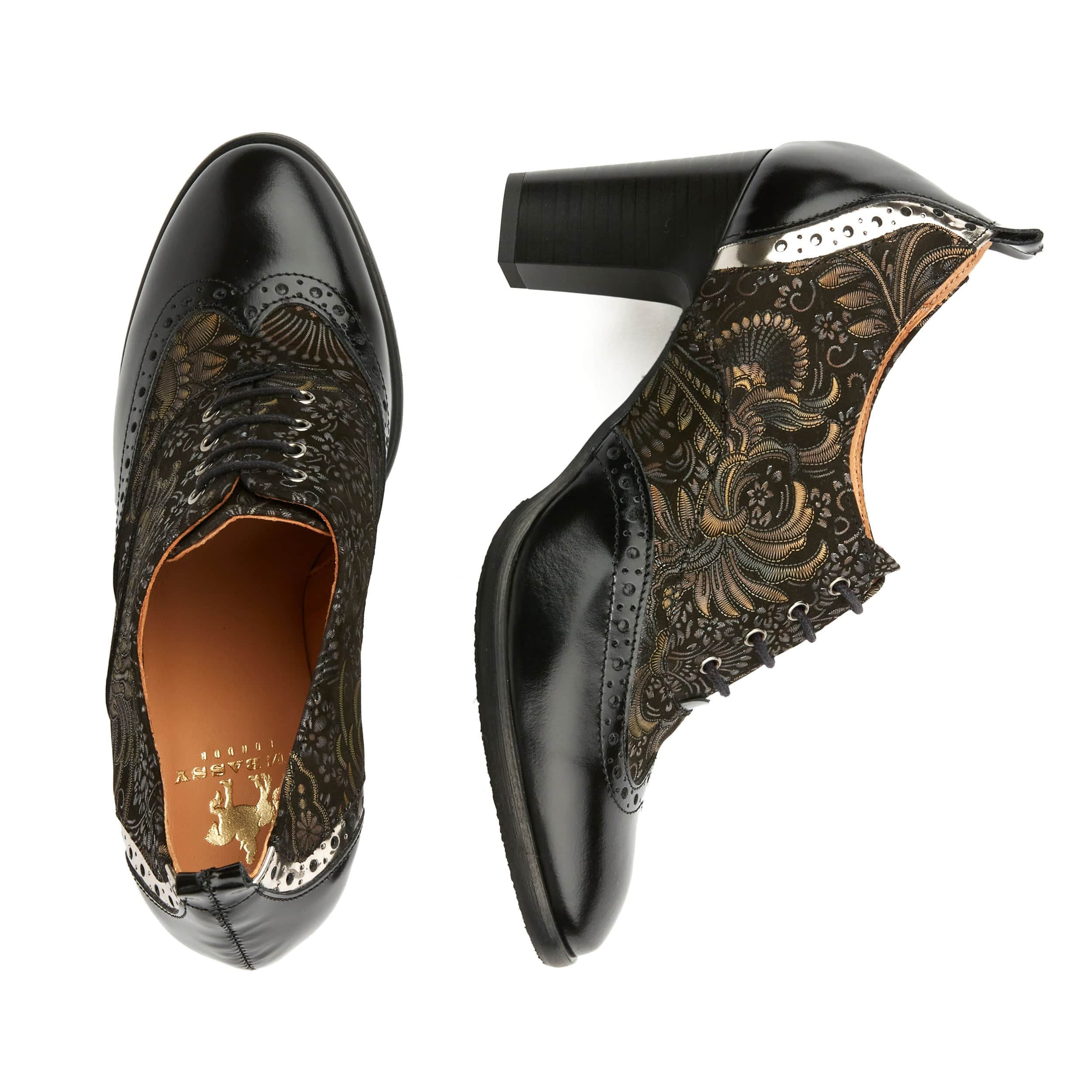 Casino - Black & Gold - Women's oxford pump in 3 inch heel with brogue details - Image 9
