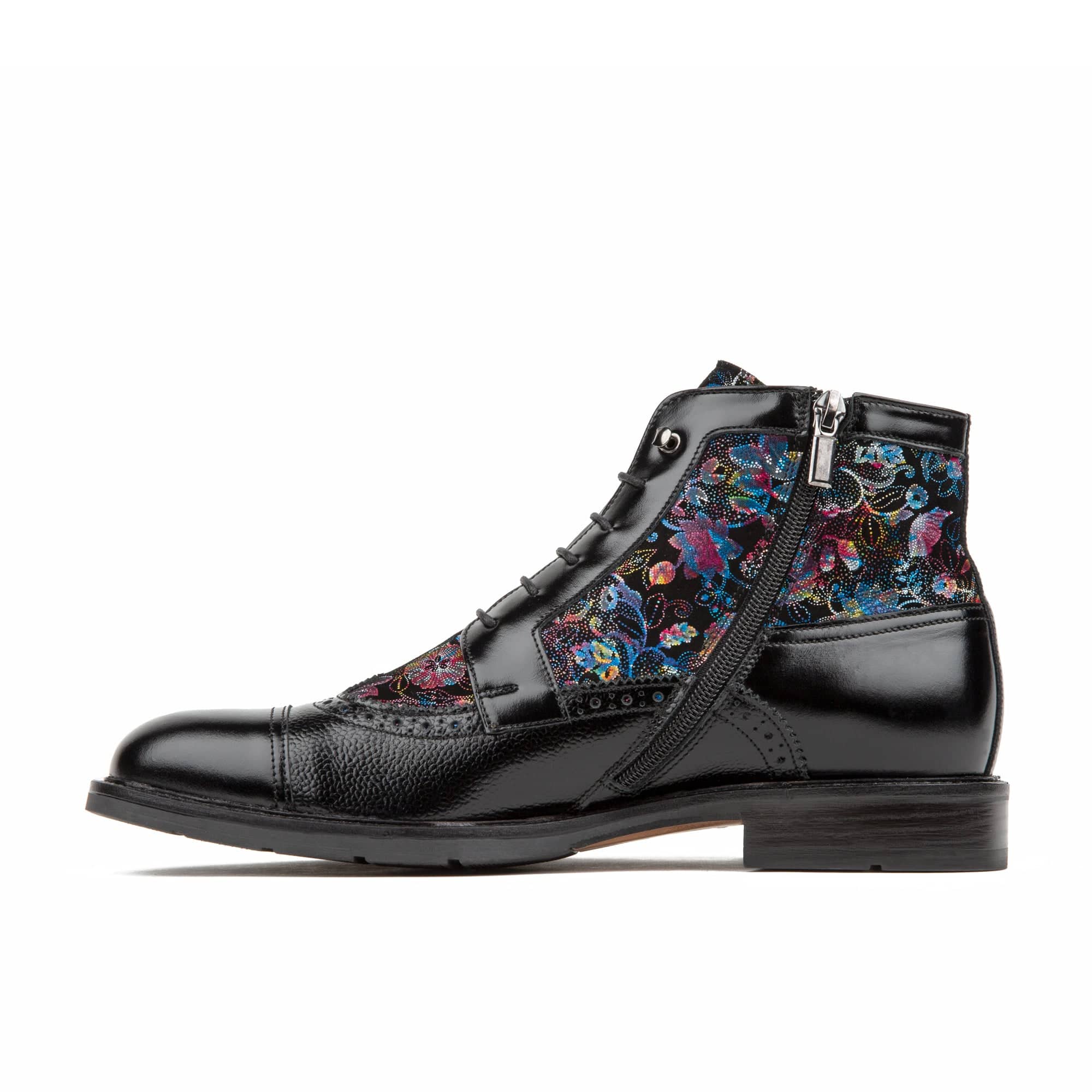 Charles - Black Flower - Men's lace up and zip up dressy leather boot - Image 4