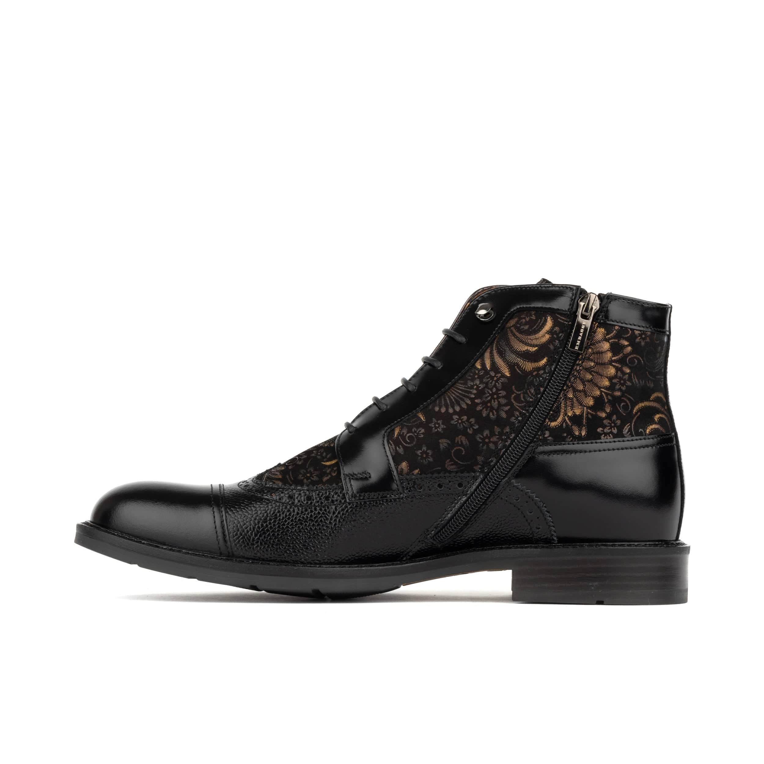 Charles - Black & Gold - Men's toe cap dressy leather boot with zip and broguing - Image 3