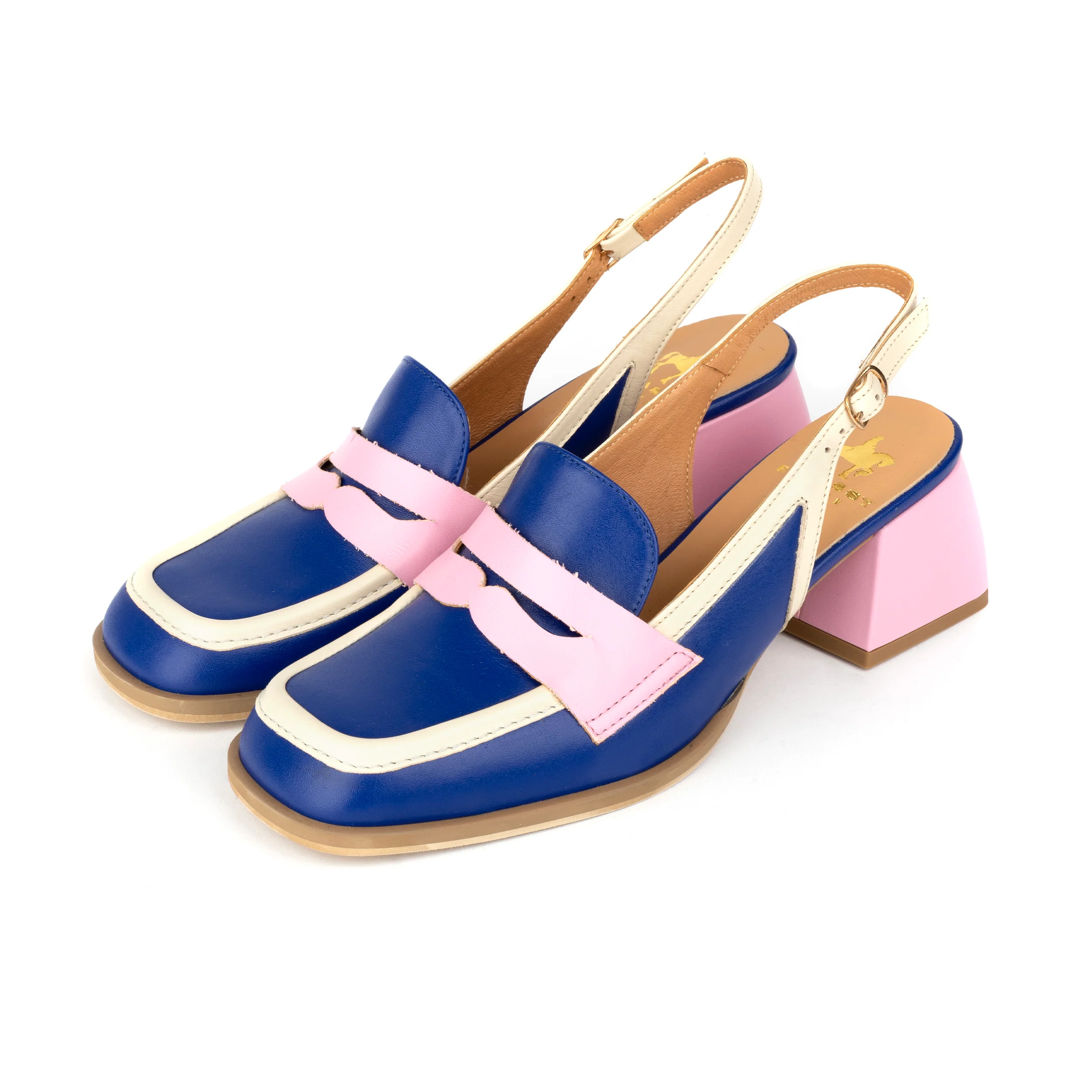 Diana - Blue & Cream & Pink - Women's block heel slingback leather pump - Image 10