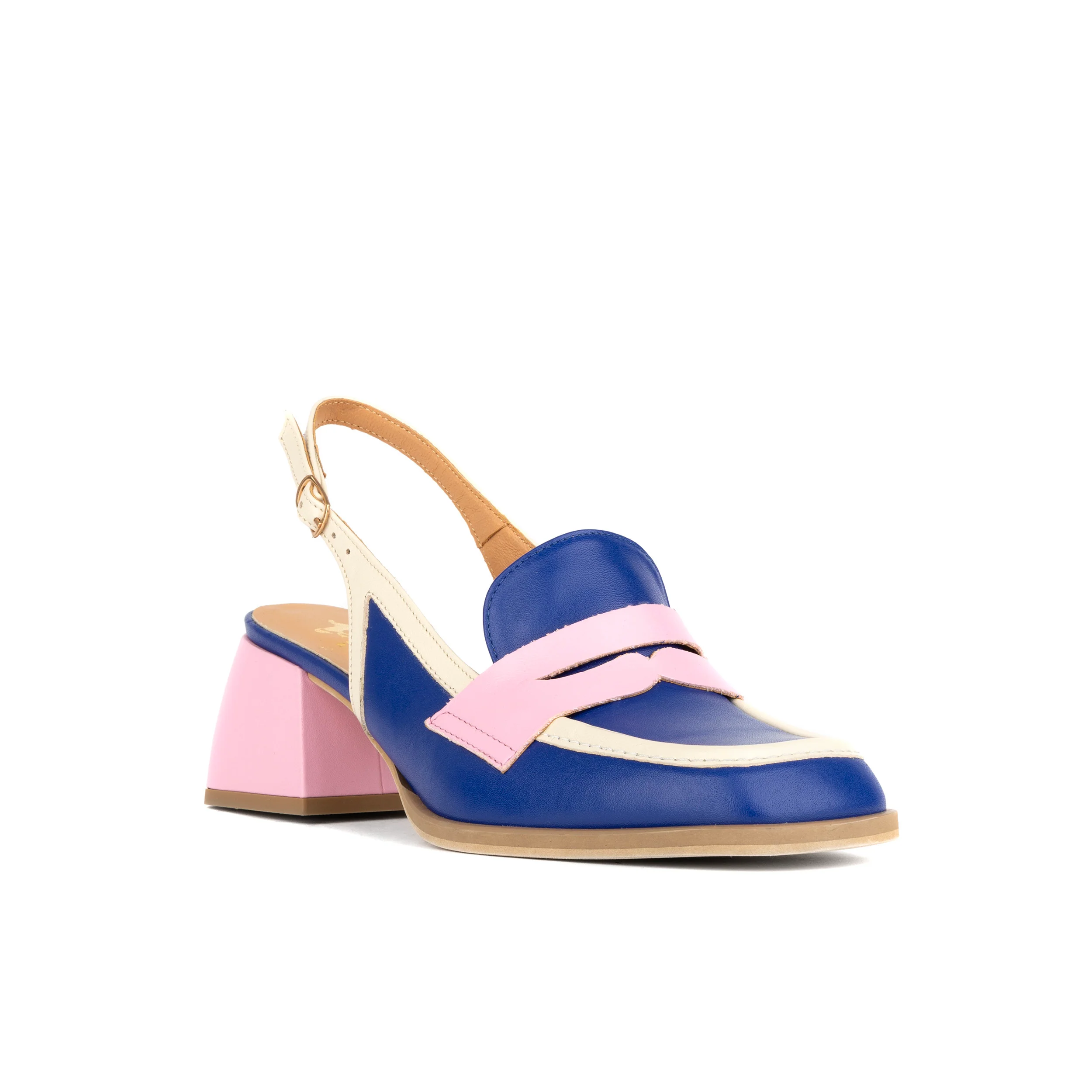 Diana - Blue & Cream & Pink - Women's block heel slingback leather pump - Image 3