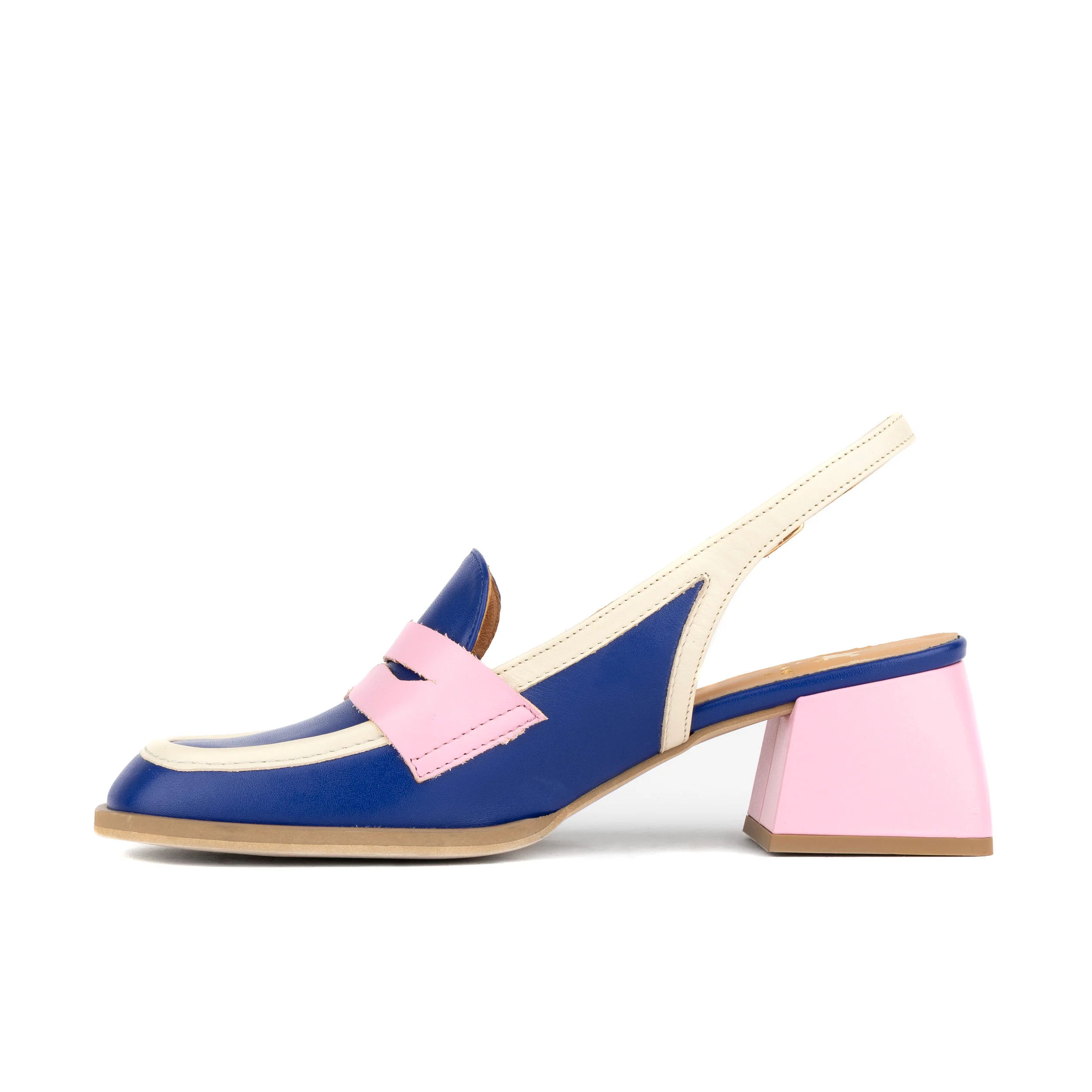 Diana - Blue & Cream & Pink - Women's block heel slingback leather pump - Image 4