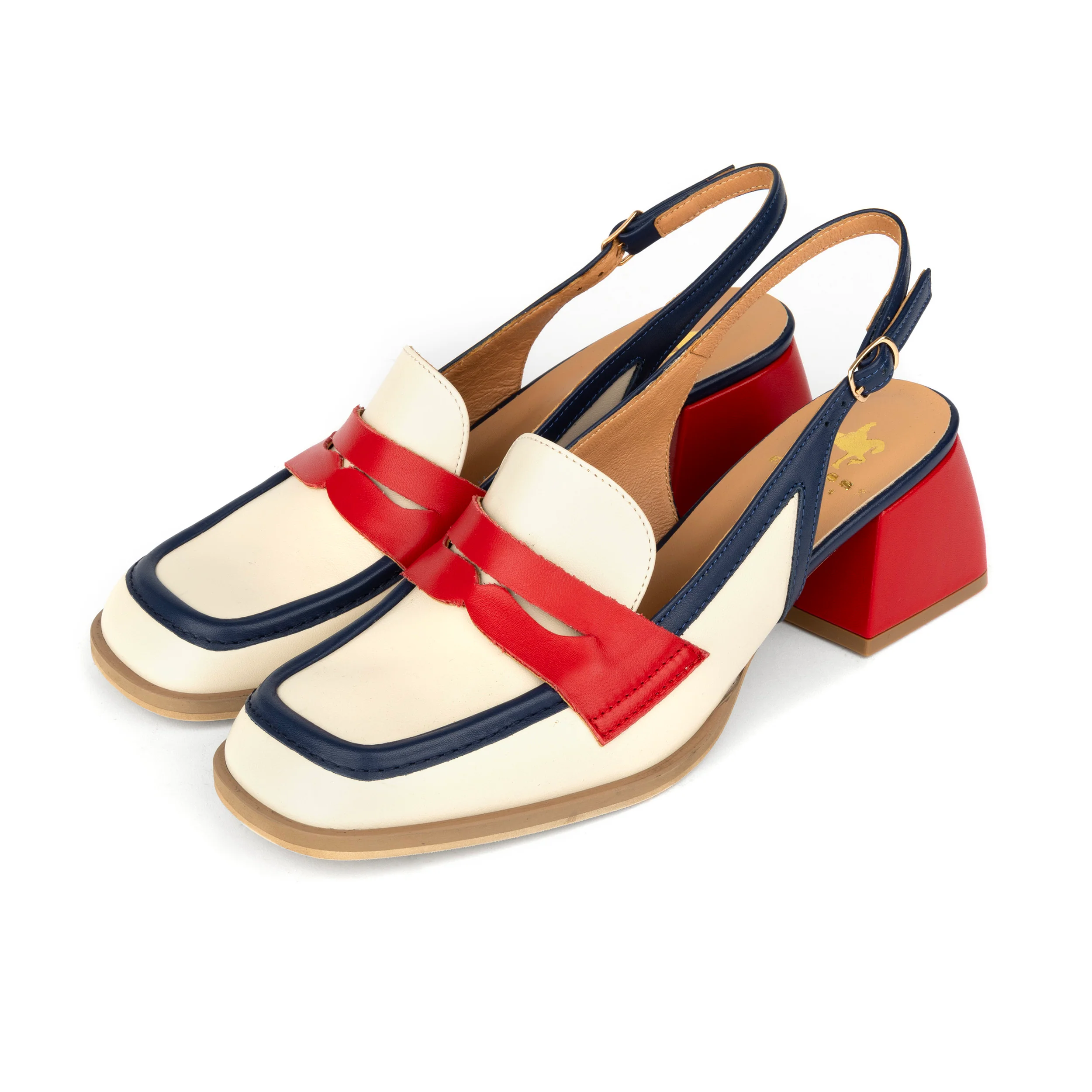 Diana - Cream & Red & Blue - Women's block heel slingback leather pump - Image 10