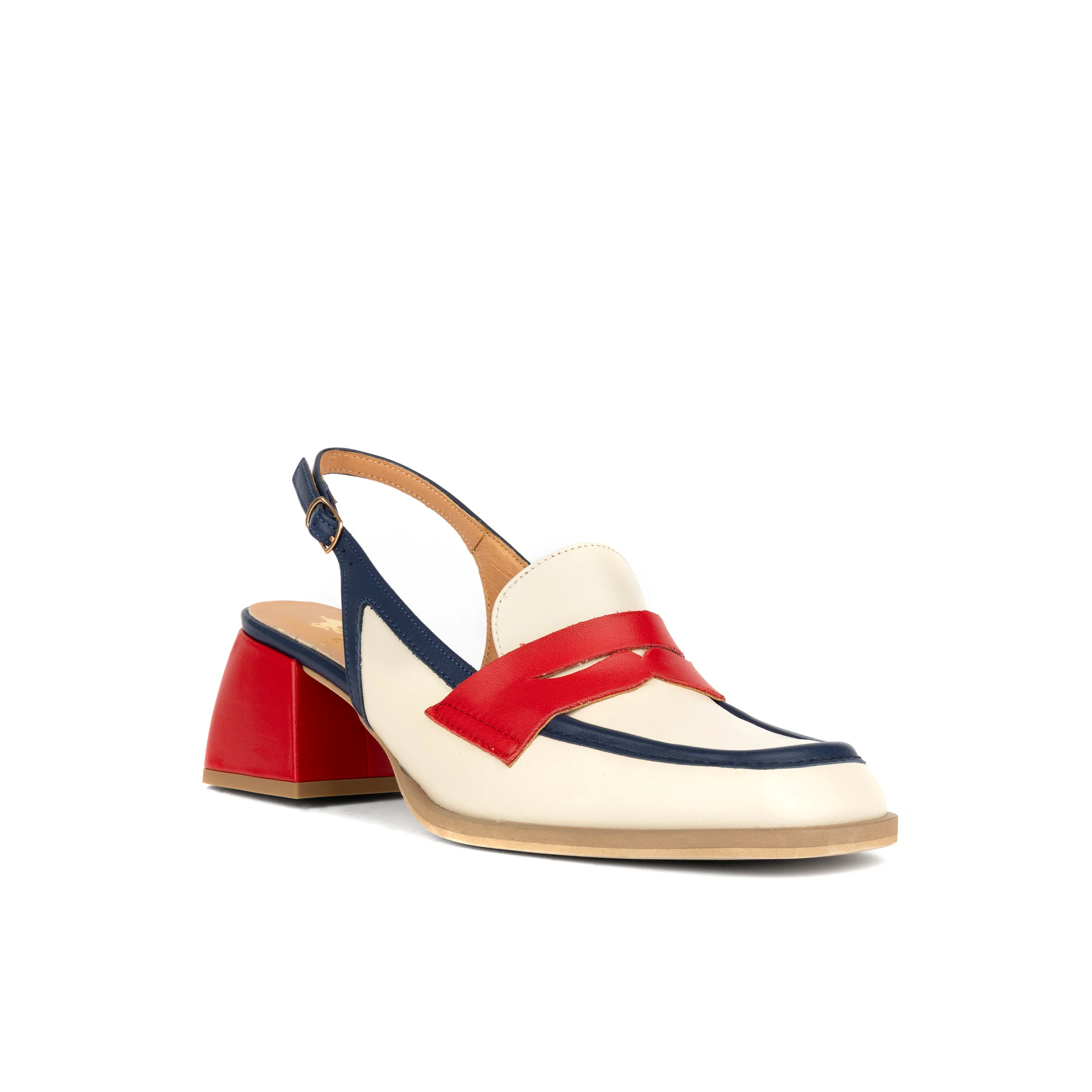 Diana - Cream & Red & Blue - Women's block heel slingback leather pump - Image 3