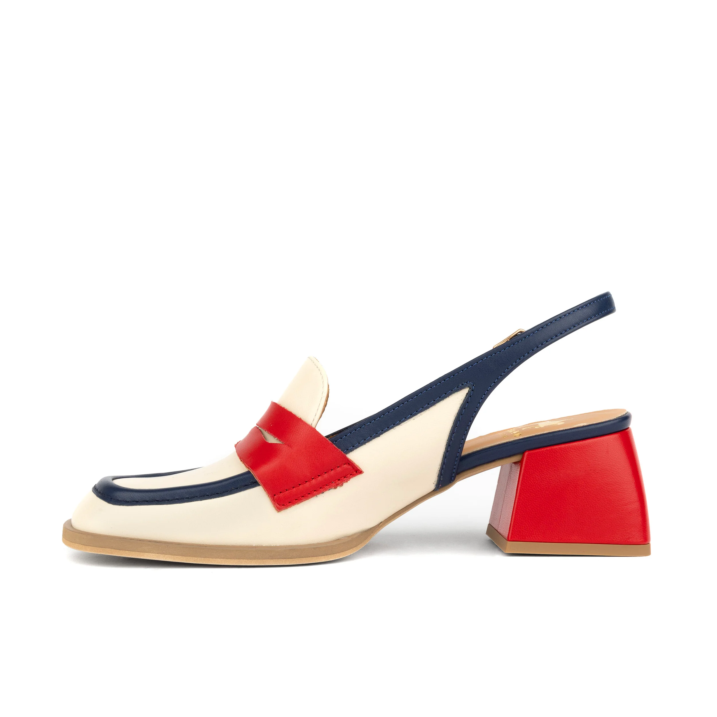 Diana - Cream & Red & Blue - Women's block heel slingback leather pump - Image 4