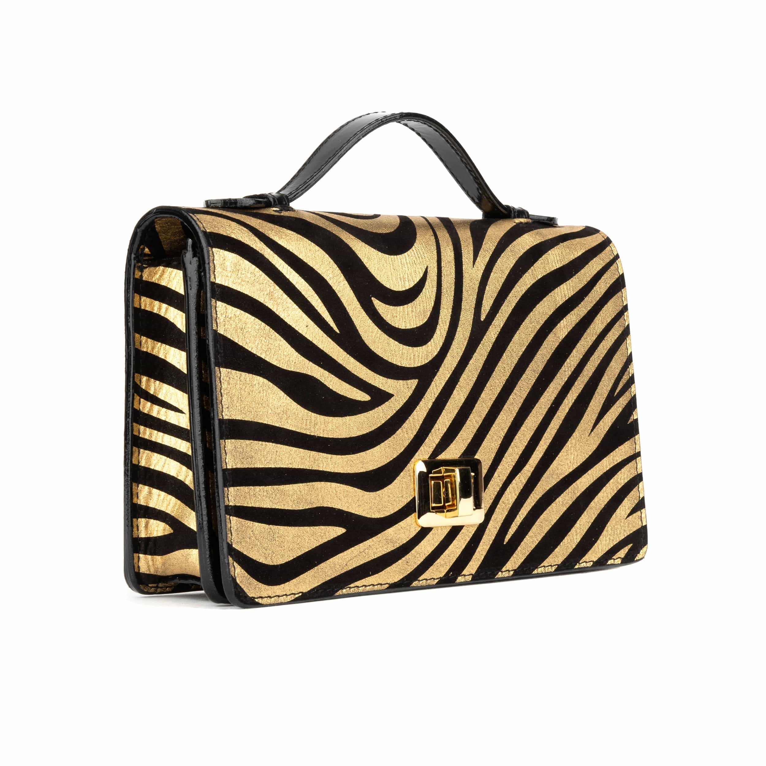 Envy - Black & Gold Stripes - Women's leather flap clutch bag with strap - Image 4