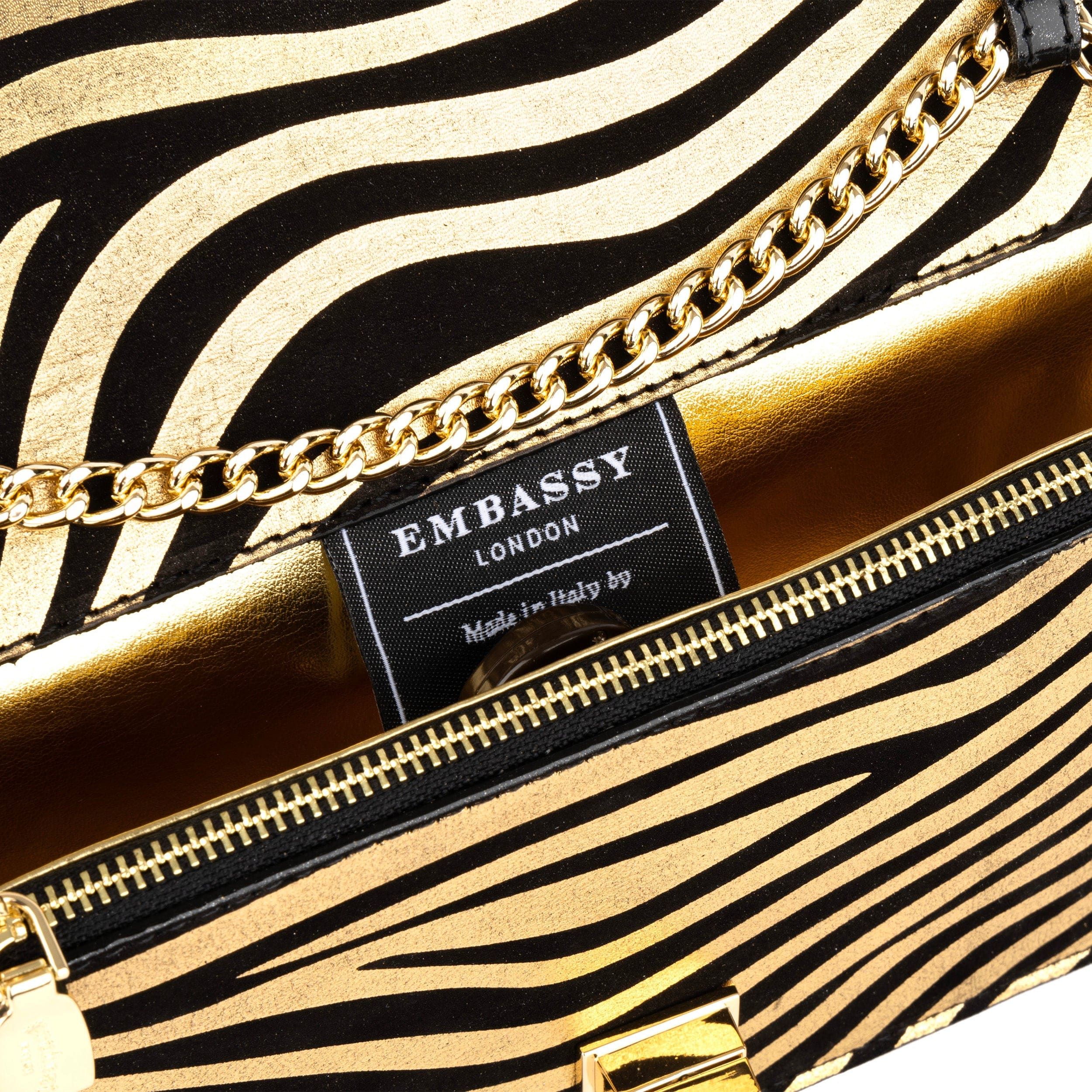Envy - Black & Gold Stripes - Women's leather flap clutch bag with strap - Image 5