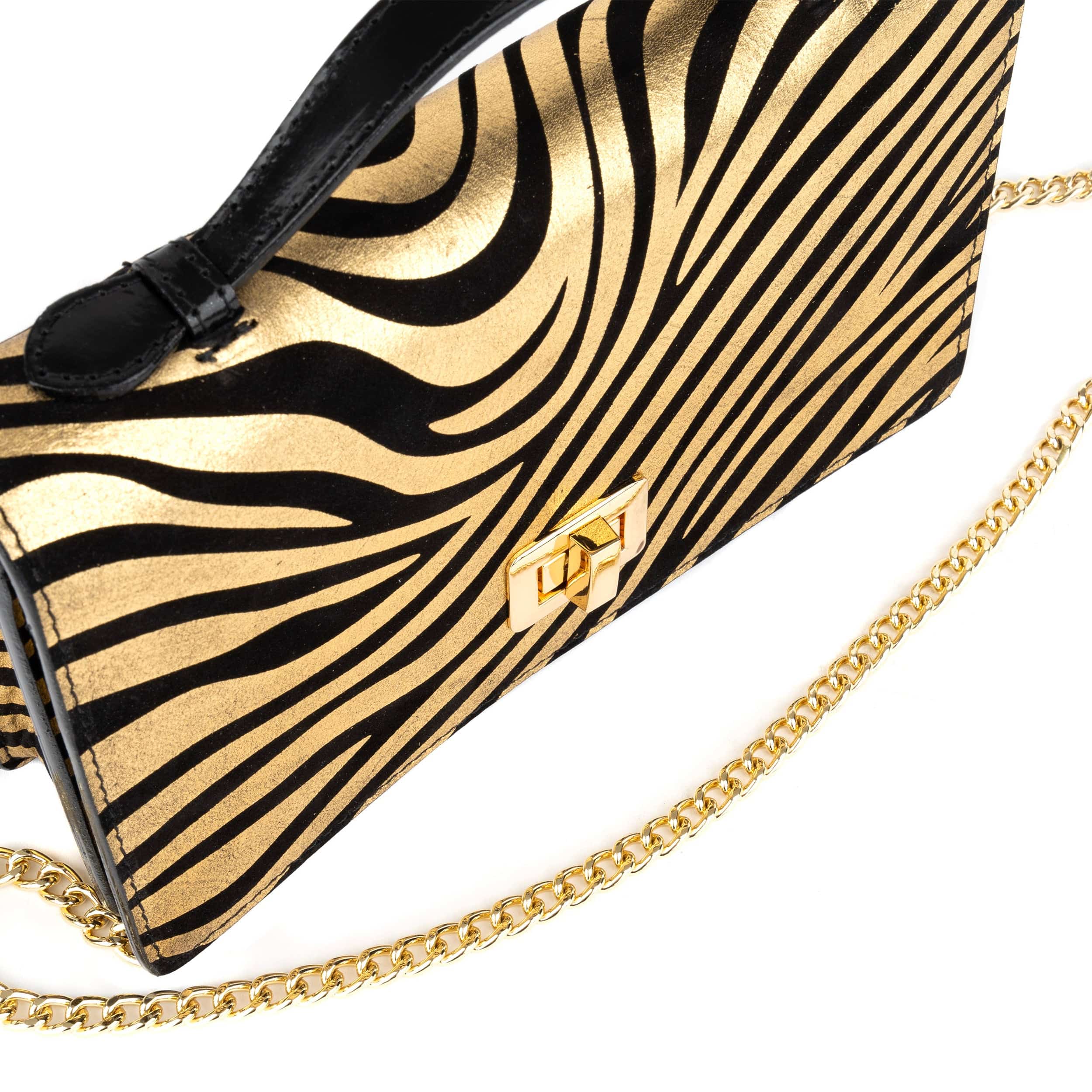 Envy - Black & Gold Stripes - Women's leather flap clutch bag with strap - Image 6