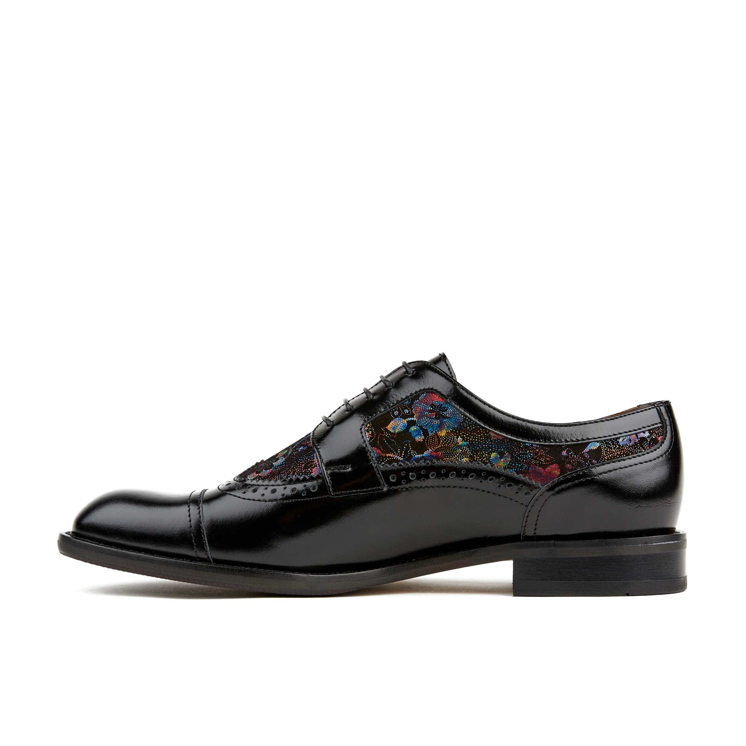 Orlando - Black Flower - Men's toe cap dressy black shoe with flower print leather - Image 4