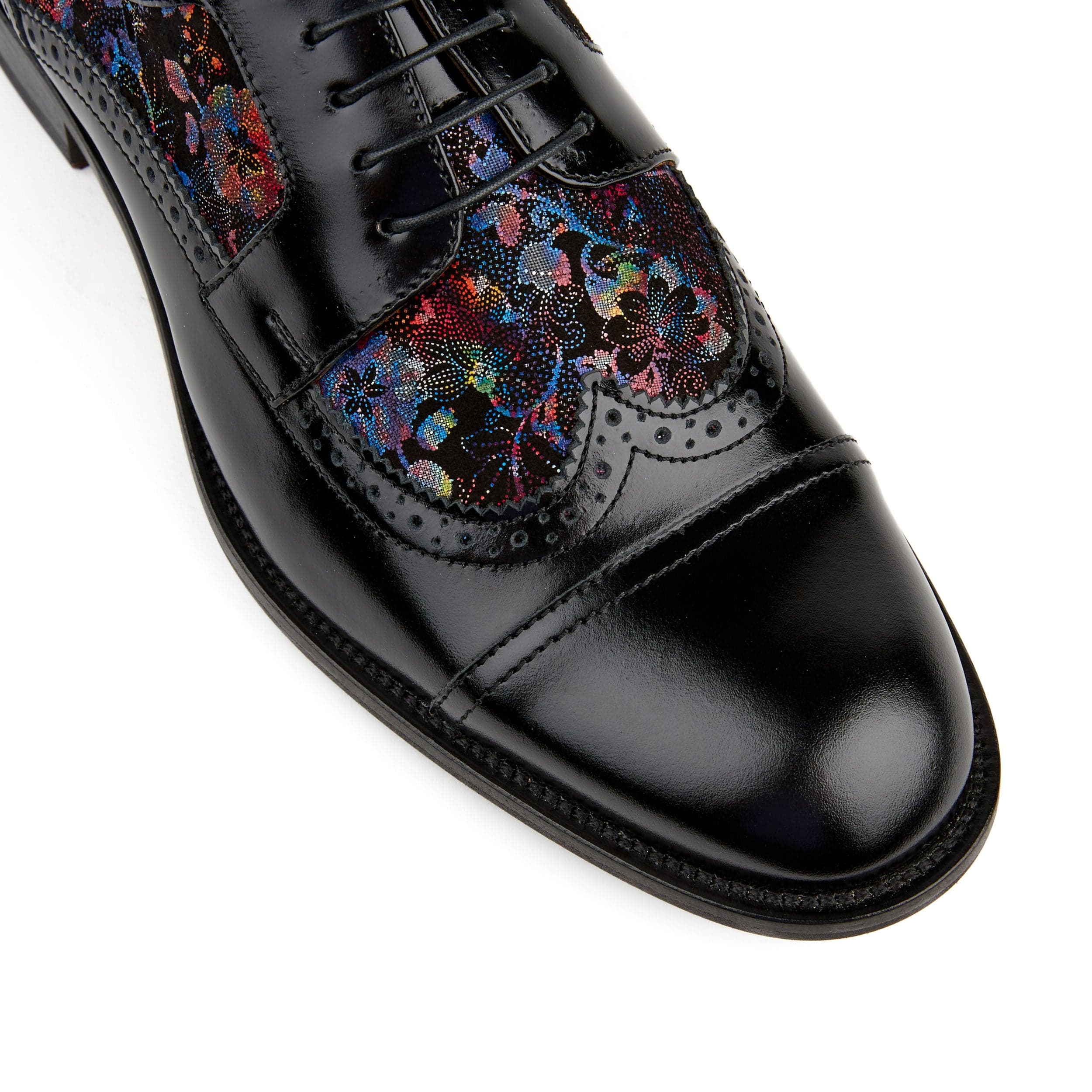 Orlando - Black Flower - Men's toe cap dressy black shoe with flower print leather - Image 7