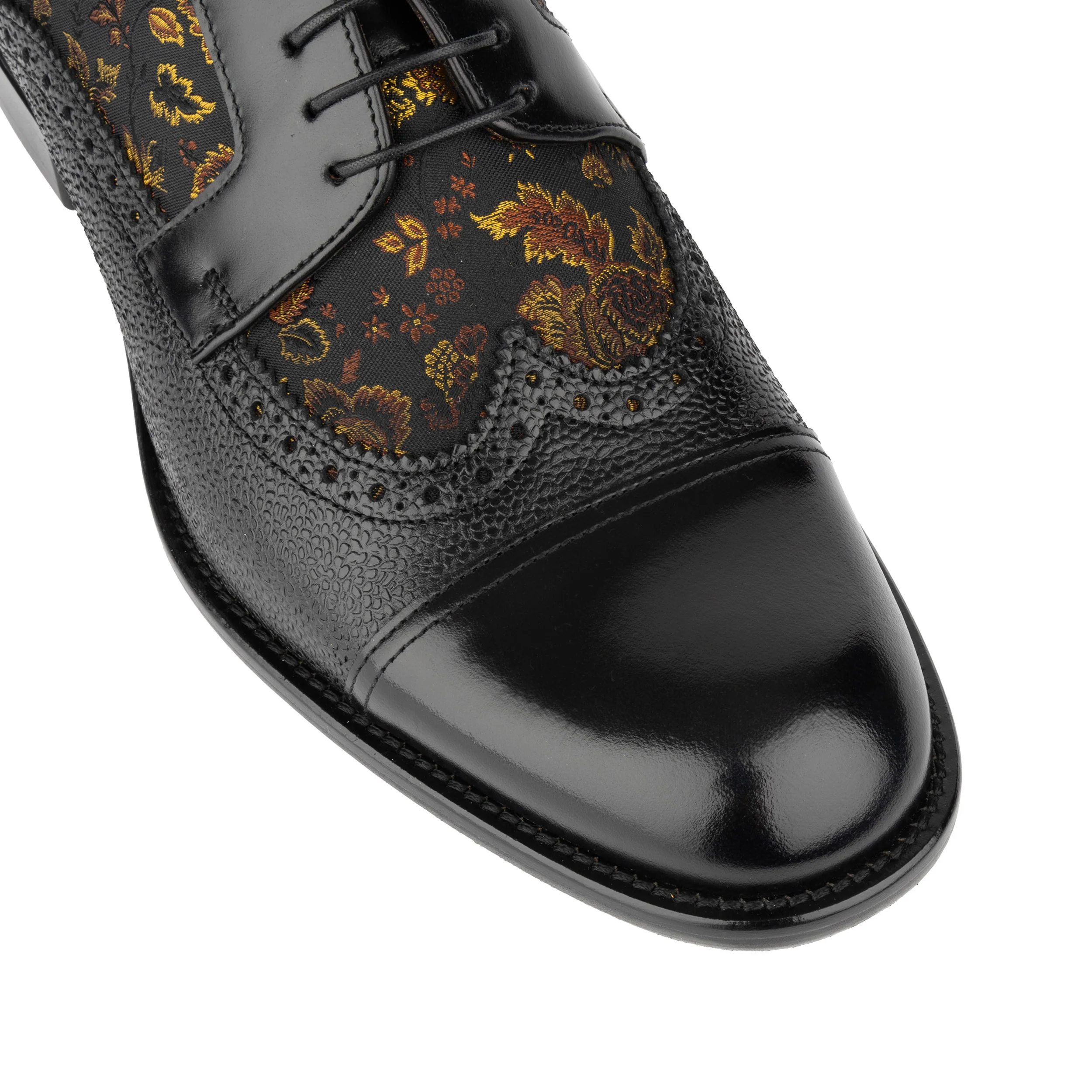 Orlando - Black & Yellow Flowers - Men's toe cap dressy black shoe with flower print leather - Image 7