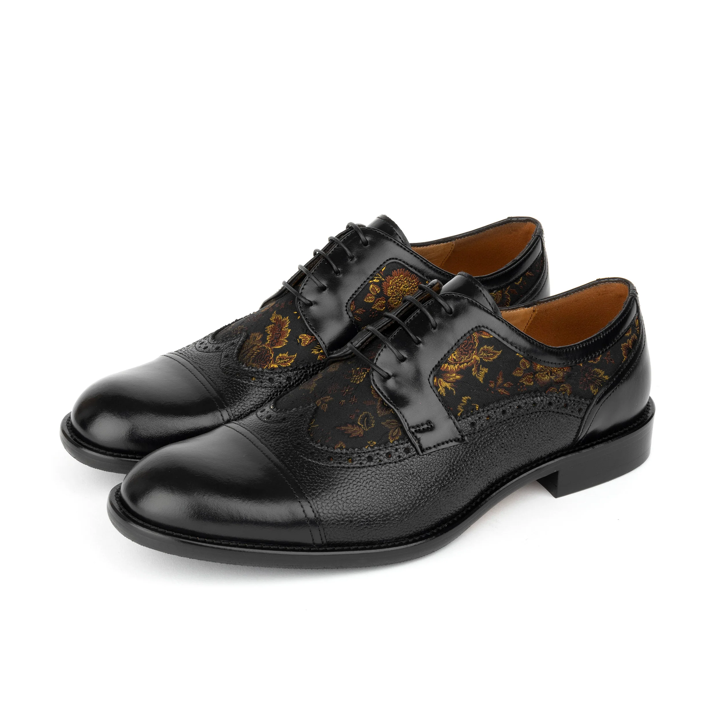 Orlando - Black & Yellow Flowers - Men's toe cap dressy black shoe with flower print leather - Image 9
