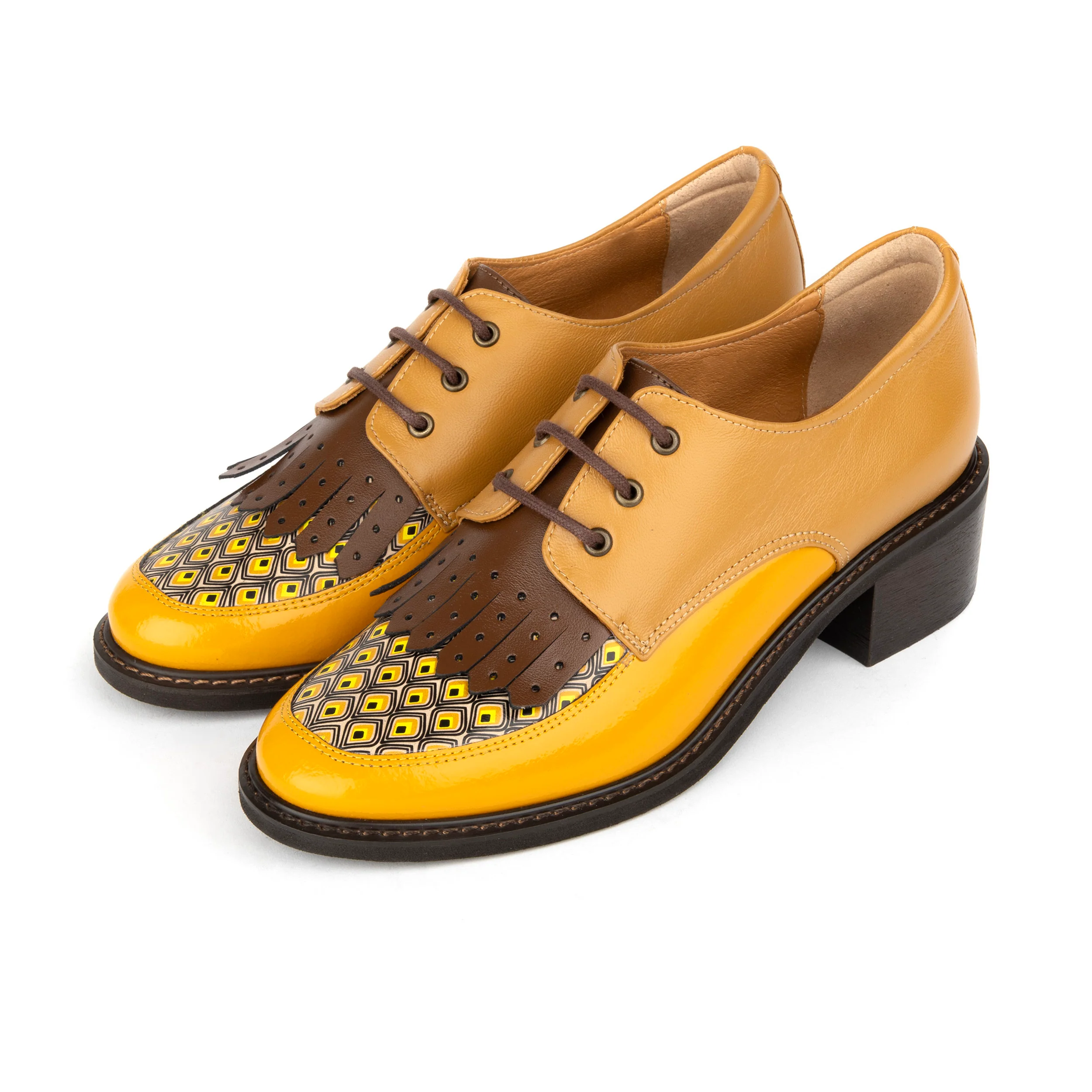 Retro Tone - Yellow & Brown - Women's leather lace-up with signature kiltie detail - Image 10