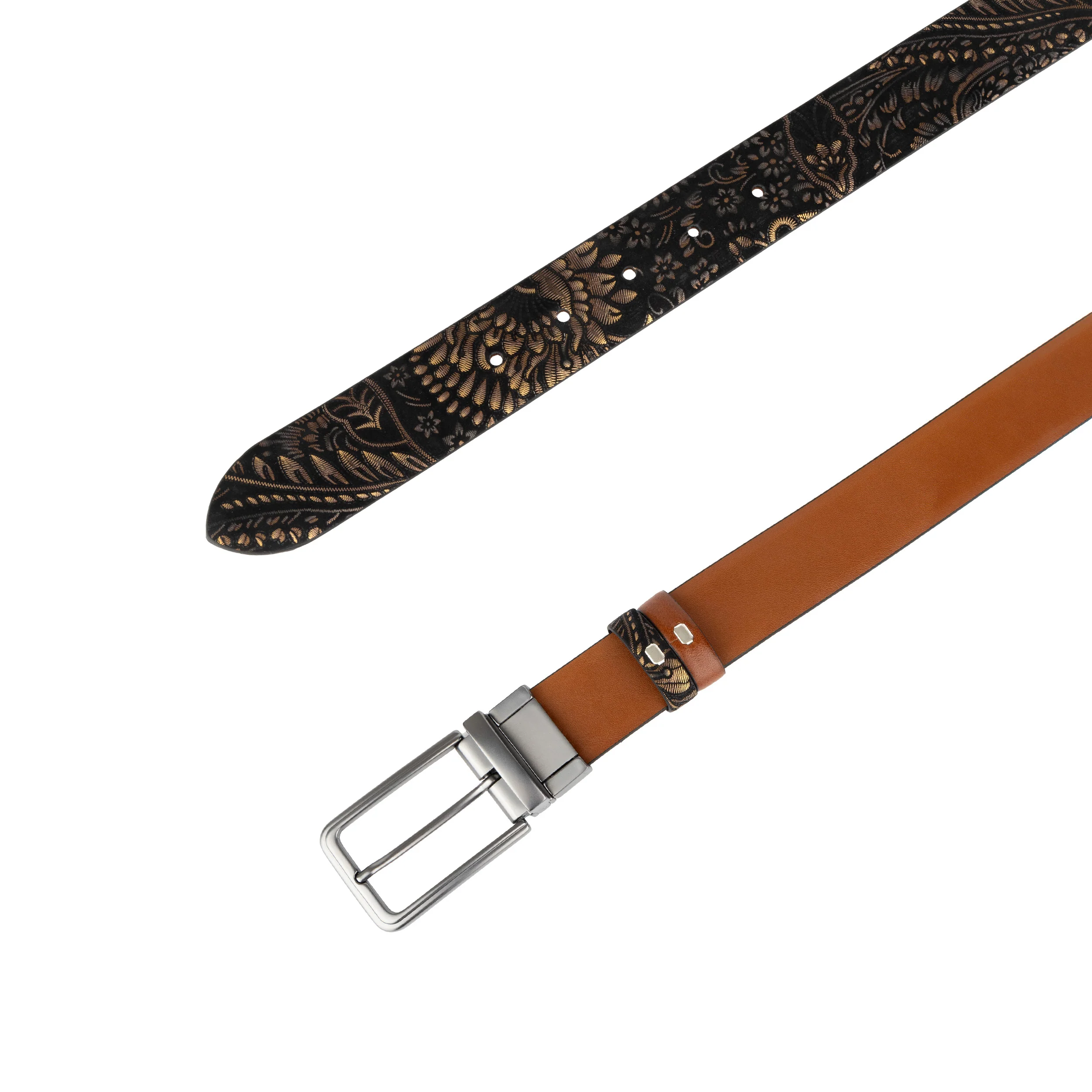 Reverse - Black & Gold Tan - Men's Leather Belt with gunmetal hardware - Image 6