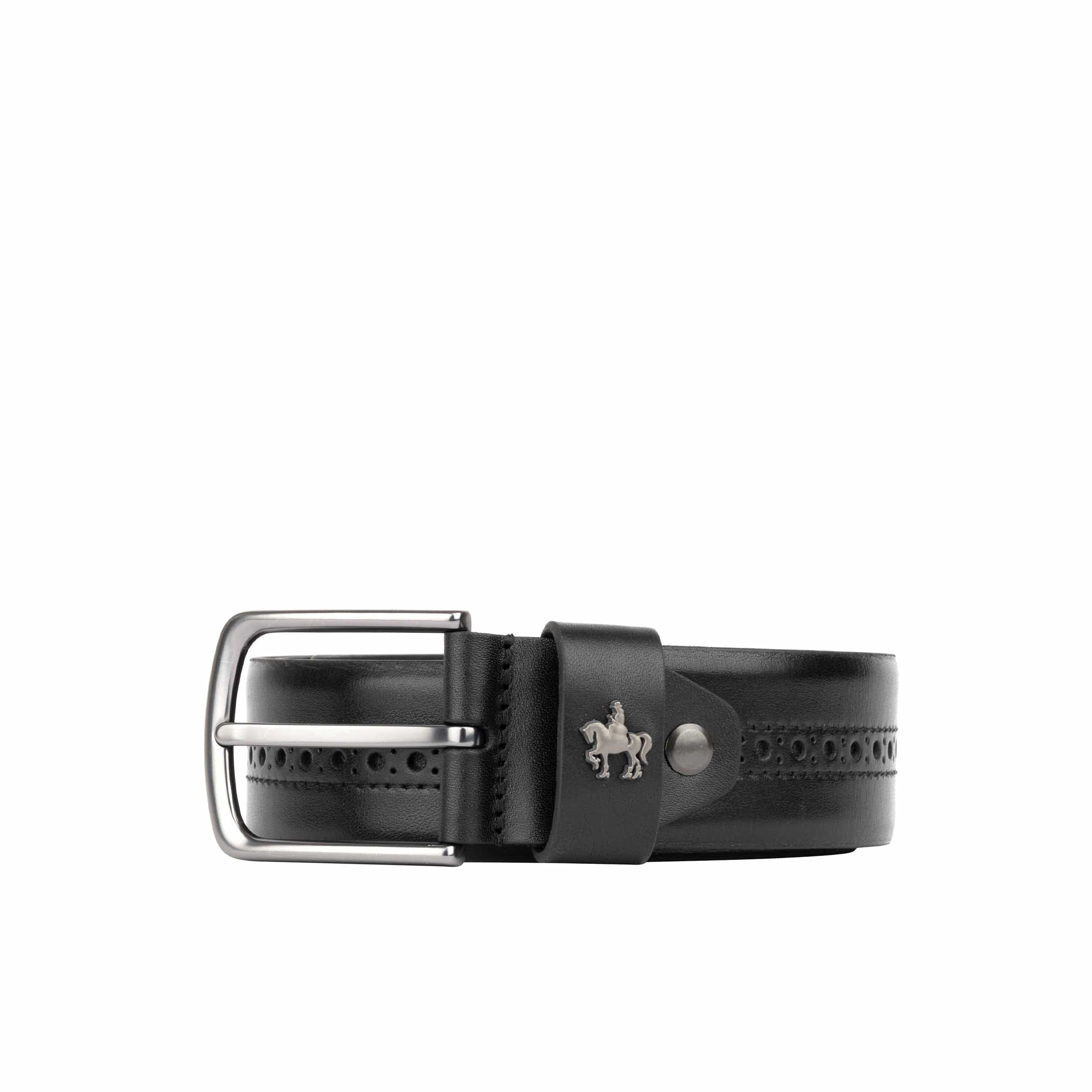 Scott - Black Shine - Men's smooth full-grain black leather belt with broguing - Image 3
