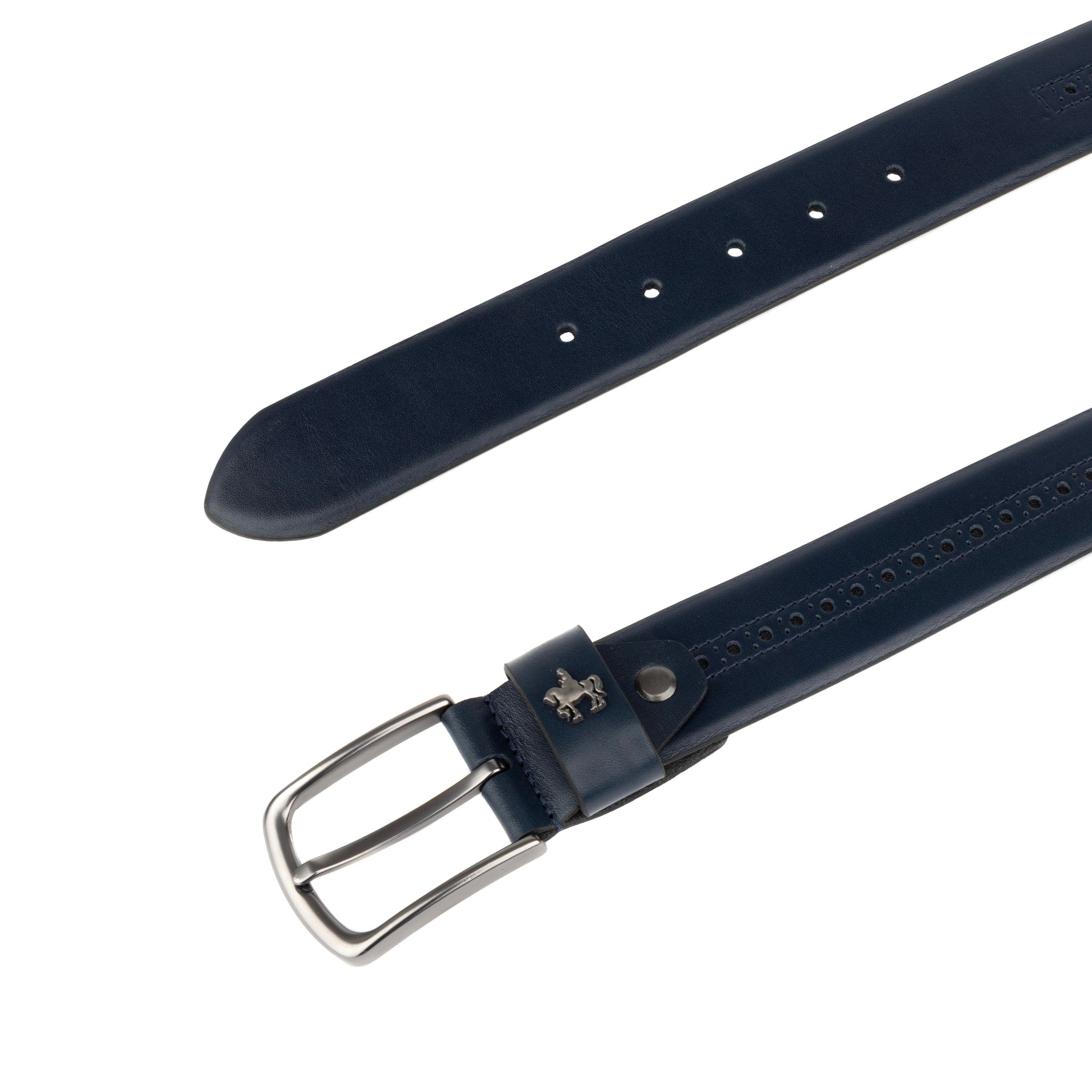 Scott - Navy - Men's smooth full-grain navy leather belt with brogue style - Image 3