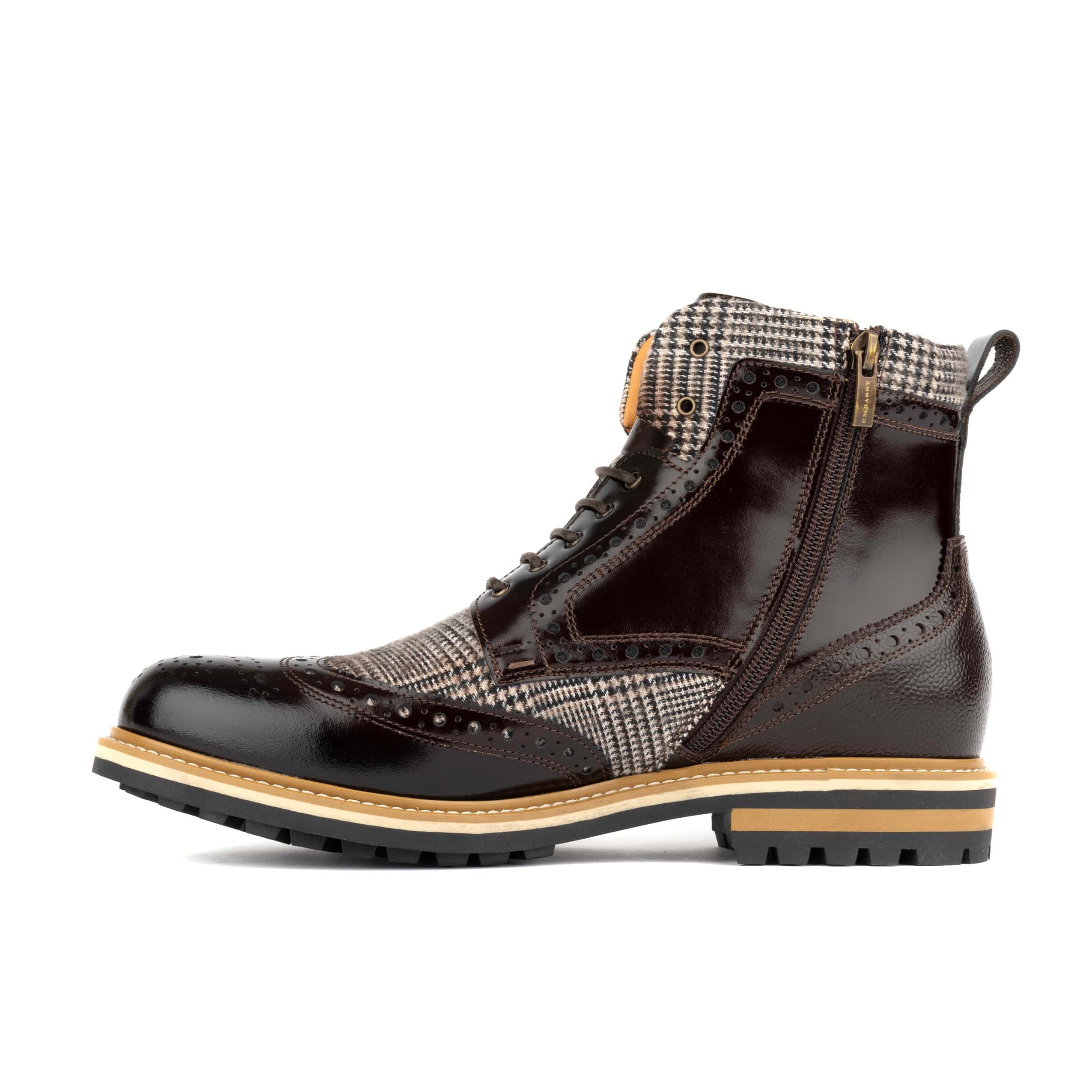 Wanderer - Brown Check - Men's leather combat style side zipper boot in brown - Image 3